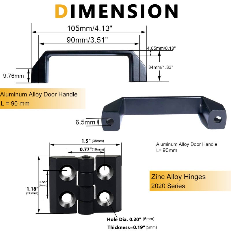 KOOTANS 2 Sets 2020 Series Door Handle and Frame Hinges Install Kit for 20x20 Aluminum Extrusion Profile Slot 6mm-4pcs Zinc Alloy Hinges, 2pcs Aluminum Handles with T-Nuts Hex Screws Wrench - Image 2